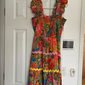 Tropical Print Ruffle Strap Midi Dress